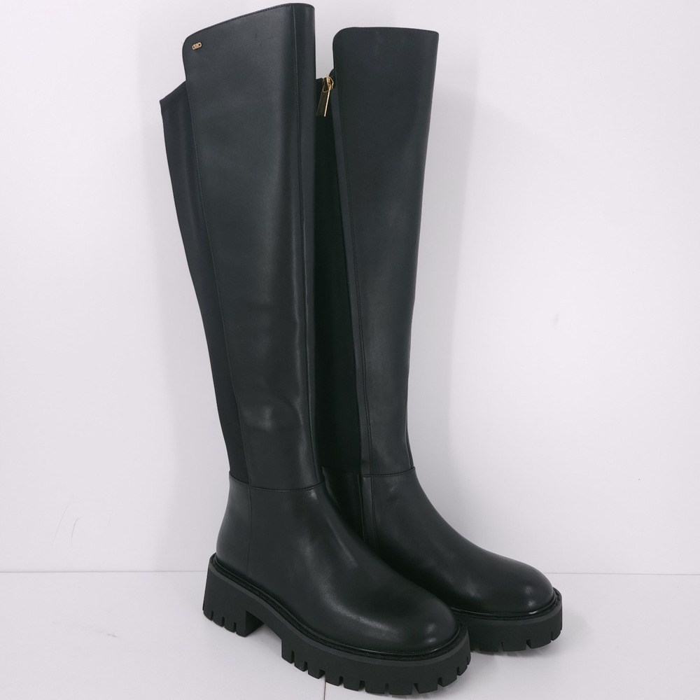 Michael Kors Asher Knee High Boot Tall Lug Black Leather Block Heel‎ Womens 7M
